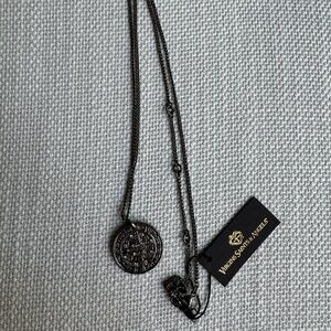 Virgins Saints & Angels Gunmetal Coin Medallion Pendant Necklace 21” Crystals